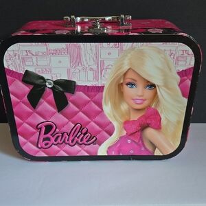 Barbie Pink & Black Hard Cardboard Travel Train Makeup Jewelry Etc Storage Case